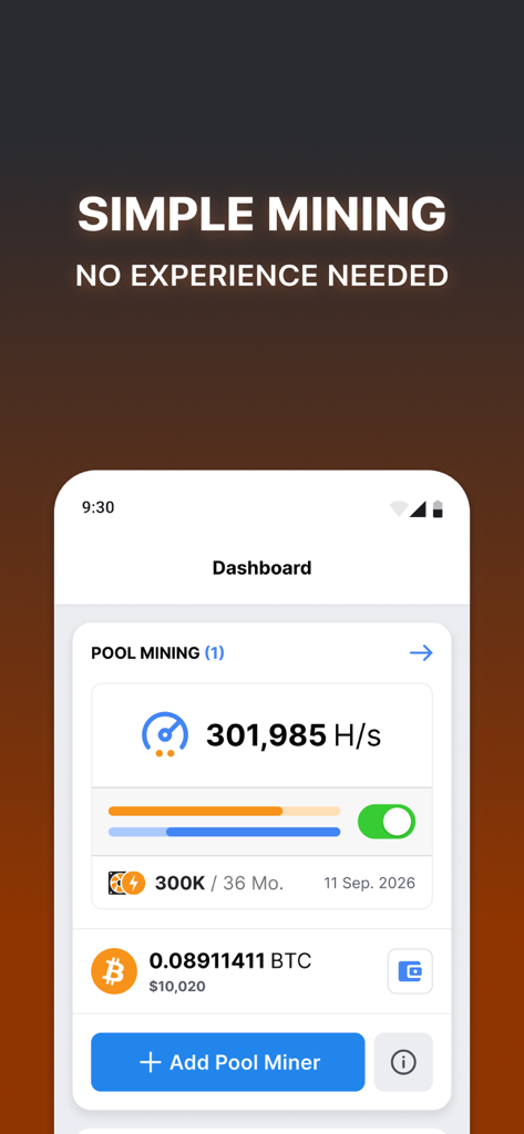 CT Pool: Crypto Mining App - CT Pool app dashboard showing Bitcoin mining speed and current earnings balance