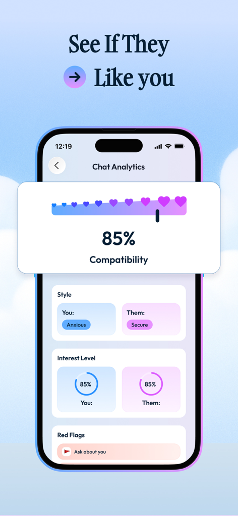 Rizz - #1 AI Dating Assistant - Una schermata mobile dall'app Rizz che mostra analisi della chat e un punteggio di compatibilità elevato