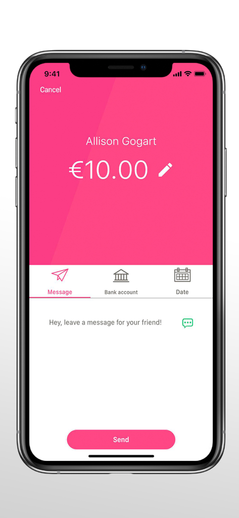Payconiq – BGL BNP Paribas - Payconiq mobile app interface showing a 10 euro money transfer to a contact named Allison Gogart.