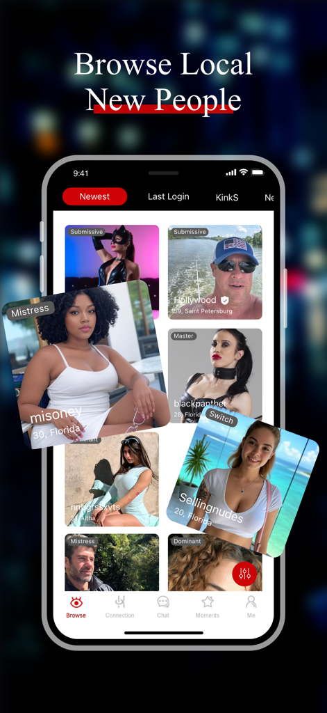 Kinks: Meet Couples & Singles - Interfaz de la aplicación de citas Kinks mostrando perfiles locales con etiquetas de estilo de vida específicas