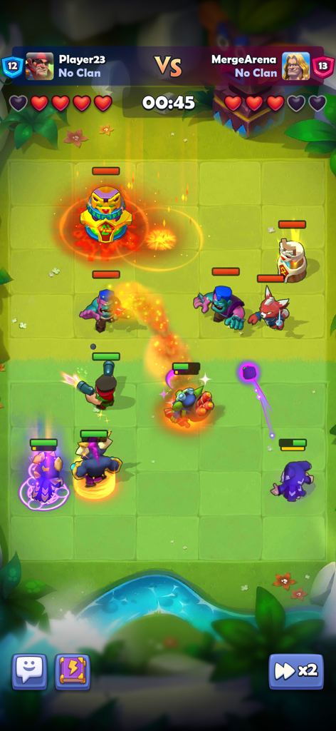 Real-time PvP strategy battle in LUDUS showing fantasy heroes fighting in a merge arena