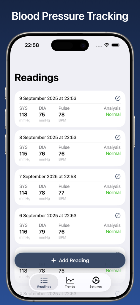 Interface d'application mobile montrant une liste des antécédents de mesures de tension artérielle et de pouls avec analyse de statut