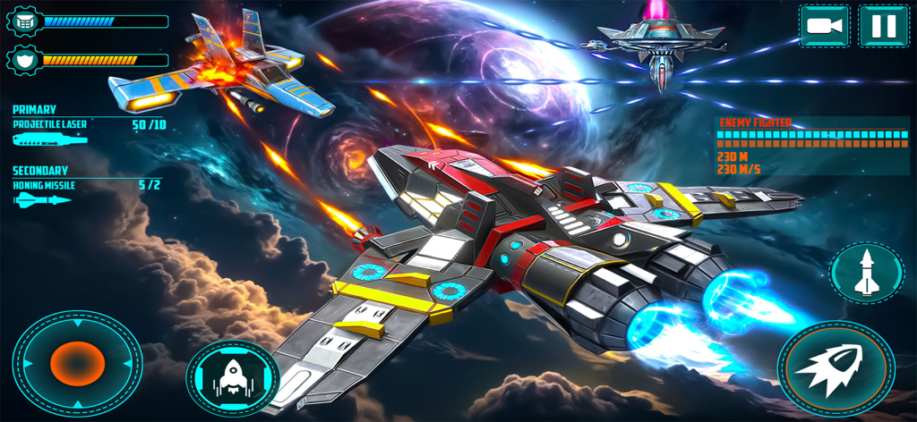 Alien Rescue : Galaxy Shooter - Spaceship engaging in a cosmic battle against alien starships in Alien Rescue Galaxy Shooter.