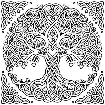 Dive into the magical world of Celtic knotwork with this adorable Tree of Life coloring page. Featuring a delightful Kawaii style, it's packed with intricate details, hearts, and stars for a truly enchanting experience.
