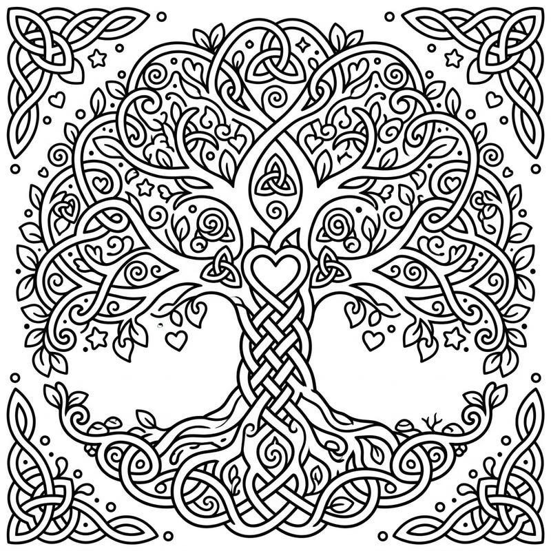 Dive into the magical world of Celtic knotwork with this adorable Tree of Life coloring page. Featuring a delightful Kawaii style, it's packed with intricate details, hearts, and stars for a truly enchanting experience.
