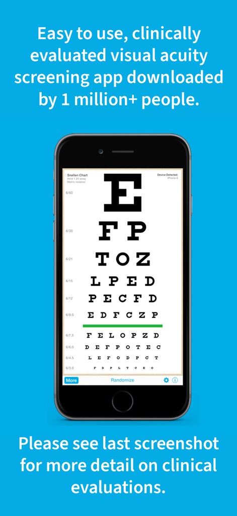 Eye Chart HD - Smartphone screen displaying a Snellen eye chart within the Eye Chart HD vision screening app