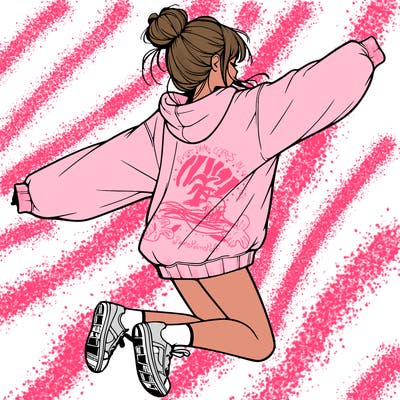 realistic girl jumping with a bun and oversized sweatshirt