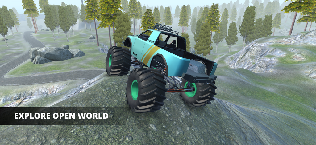 A light blue customized monster truck with oversized tires driving on a grassy hillside in an open world environment.