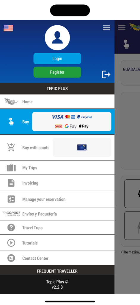 Main menu of the Tepic Plus mobile app with bus ticket booking and account management options