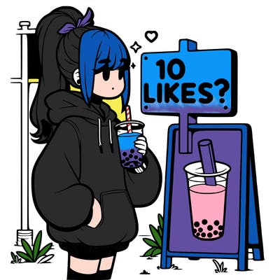 girl with oversized hoodie drinking boba and she has a high ponytail with a sign that says 10likes?
