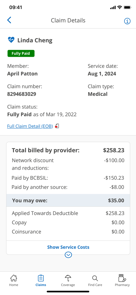 BCBSTX - BCBSTXモバイルアプリのインターフェースに、医療提供者名、サービス日、費用内訳を含む詳細な医療請求情報が表示されています。