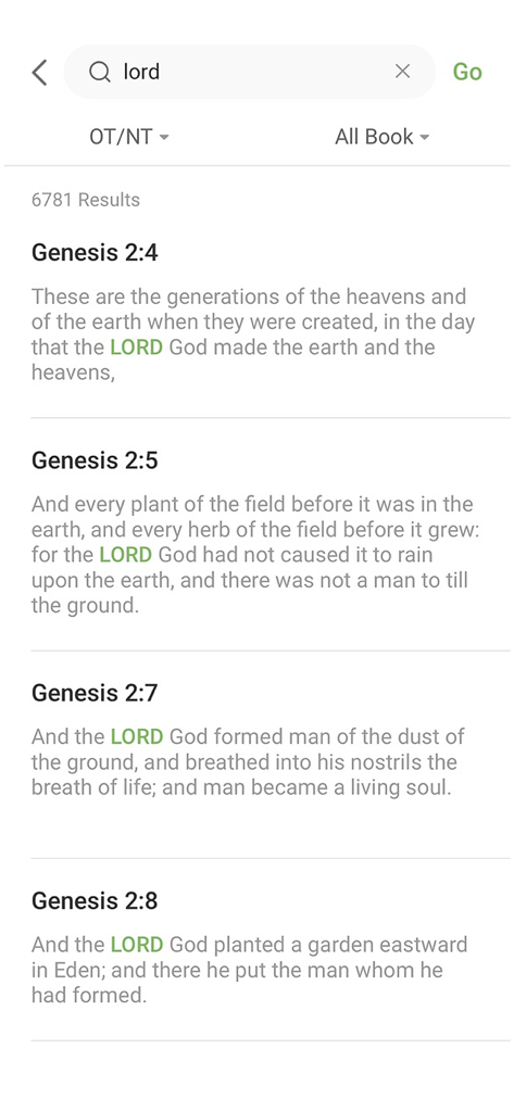 A mobile app screen showing search results for the word Lord in the King James Version Bible with highlighted verses from Genesis.