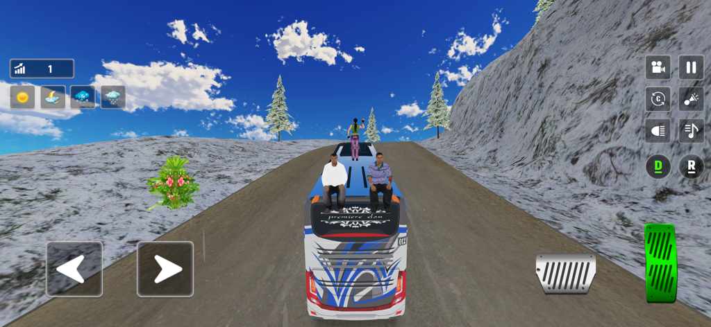 Trip Bus Simulator - Bus Games - Um ônibus dirigindo em uma estrada de montanha nevada com passageiros no telhado no Trip Bus Simulator.