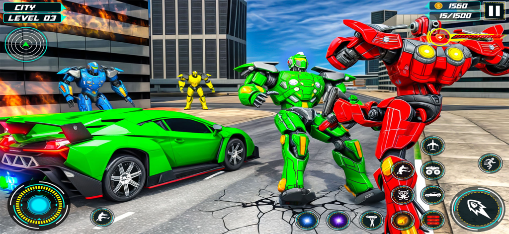 Robot Battle X-Rescue Bots War - Robots en combate y un coche deportivo verde en una ciudad futurista