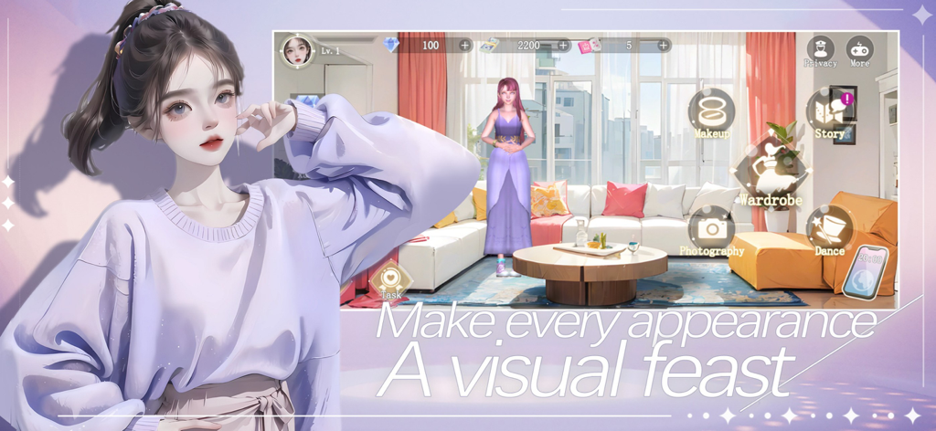 Dancing Dress Up Star - A 3D character in a stylish living room from the Dancing Dress Up Star fashion game interface.