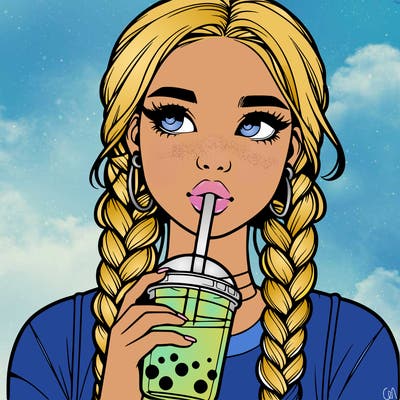 realistic girl with braided hair drinking boba