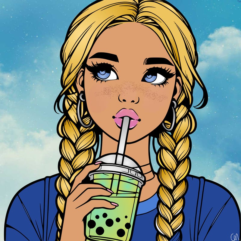 realistic girl with braided hair drinking boba