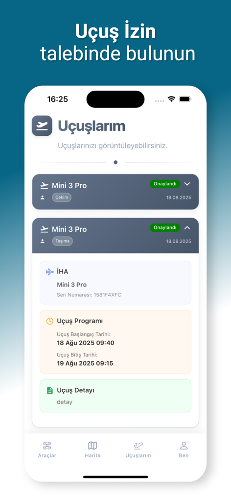 IHA TAKIP - Mobile screen showing a list of approved drone flight permits and flight logs within the IHA TAKIP application.