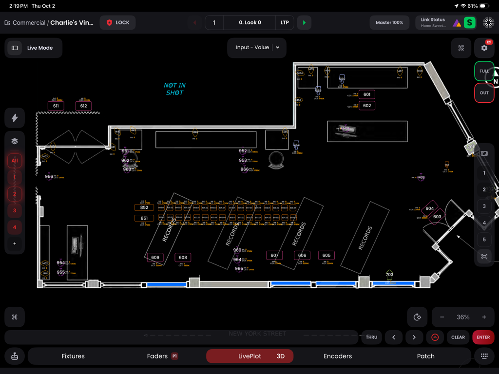 Blackout Lighting Console - A professional 2D floor plan view in the Blackout Lighting Console app showing lighting fixture placements and IDs on a set.