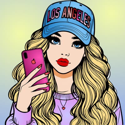 realistic beautiful girl wearing los ángeles cap holding an iphone