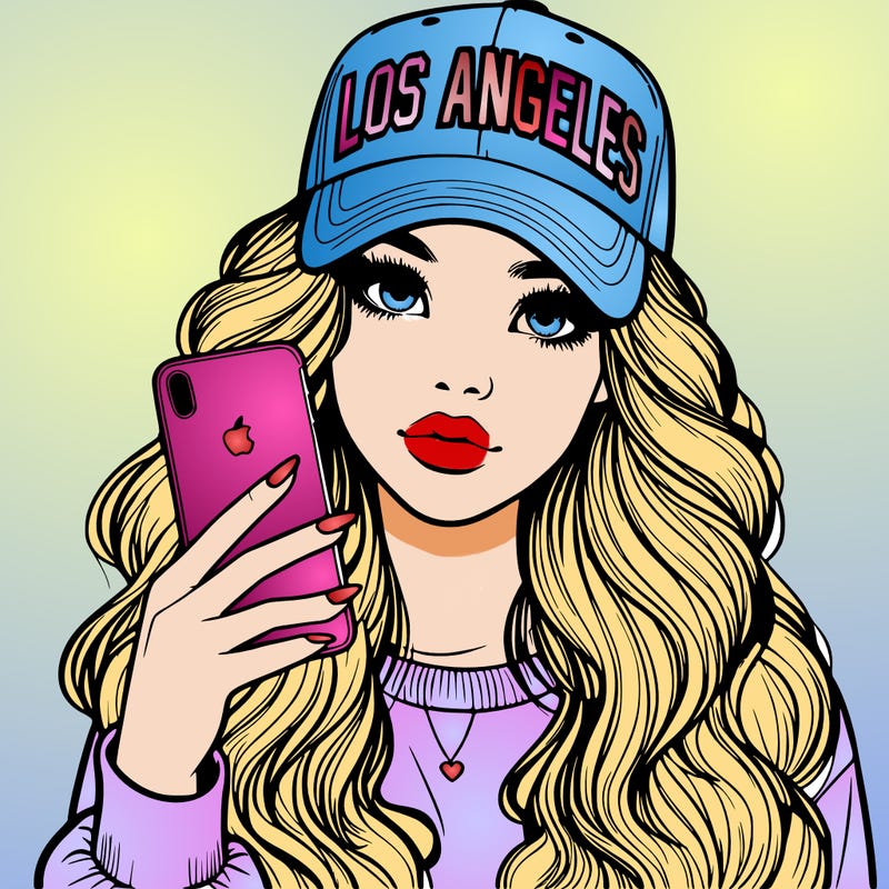 realistic beautiful girl wearing los ángeles cap holding an iphone