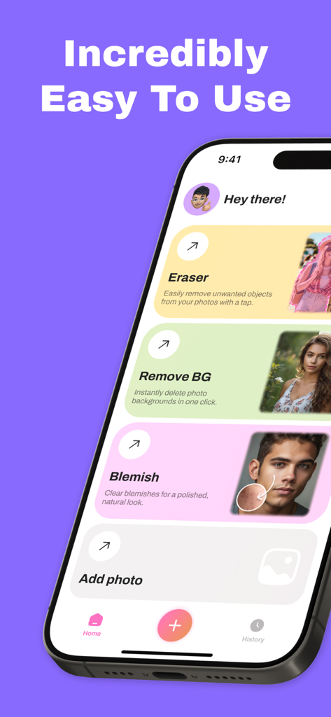 Photo eraser - AI retouch - Interface do usuário do aplicativo Borracha de Fotos Retoque IA mostrando opções para remoção de objetos, remoção de fundo e correção de manchas
