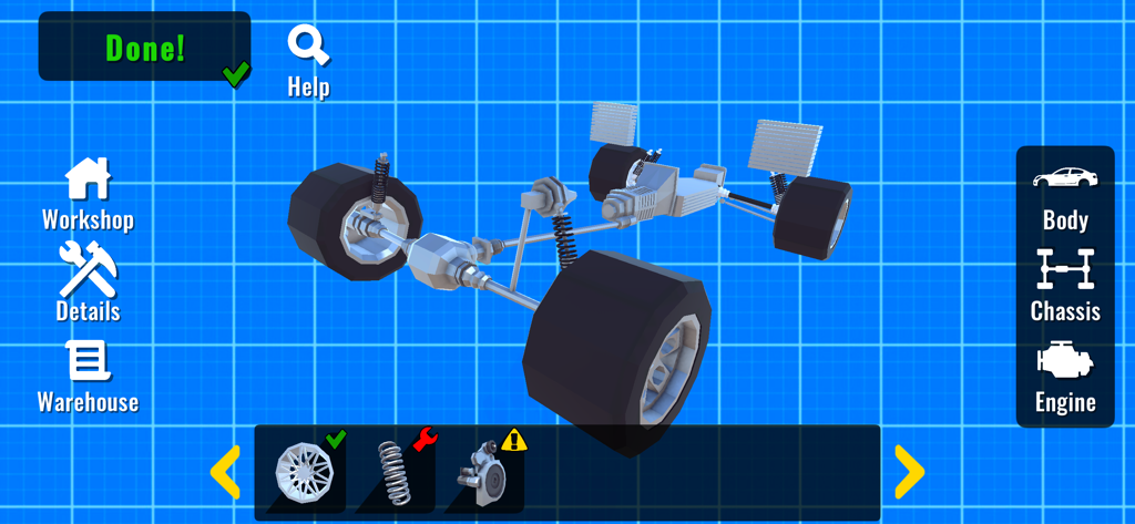 Garage Syndicate: Car Fix Sim - 3D car chassis and suspension assembly interface in Garage Syndicate