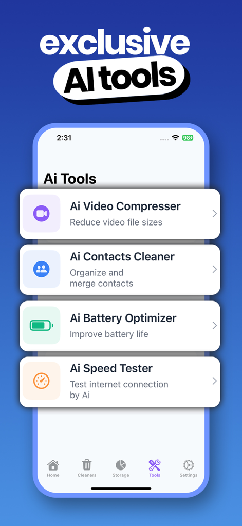 Cleaner - Ai Phone Optimizer - A mobile app interface displaying exclusive AI tools including video compressor, contacts cleaner, and battery optimizer.