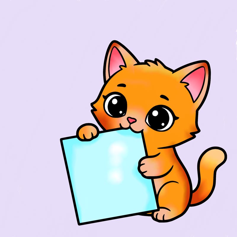 a small cat with a blank sheet of paper in its hand. the cat is sooooooo cute!