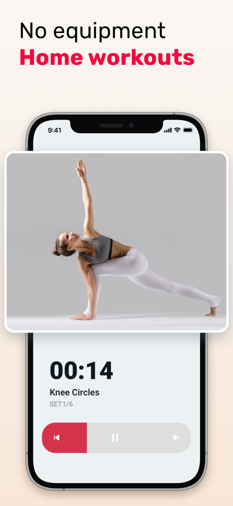 HeartMe app interface showing a no-equipment home workout with a video guide and timer