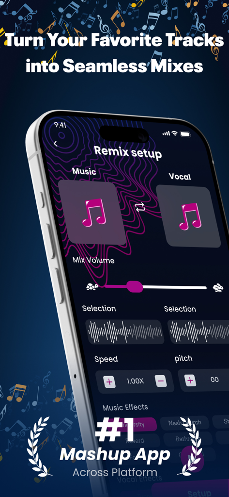 Mixy Ai Mashups Maker - Mixy Ai app screen showing the remix setup interface with music and vocal tracks plus speed and pitch controls