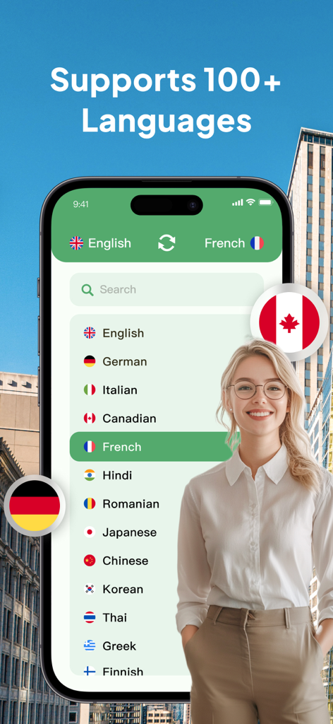 Translate Voice：Ai Chat - Mobile app screen showing a language selection menu with flags and a professional woman representing the target audience.
