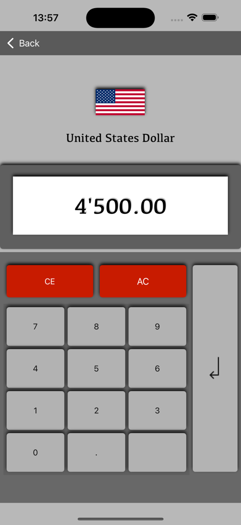 Interfaz de la aplicación X-Currency para la entrada de Dólares Estadounidenses con un teclado numérico limpio
