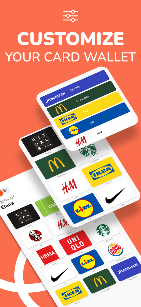 Interfaccia dell'app Fidme che mostra un portafoglio digitale personalizzabile con varie carte fedeltà