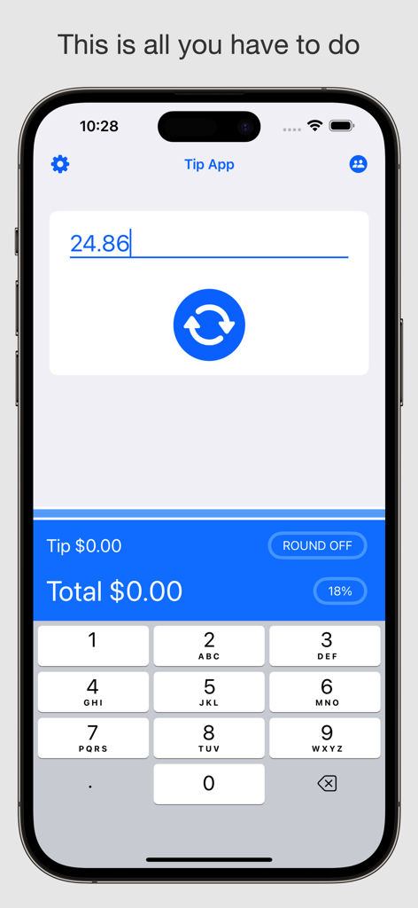 Interface utilisateur minimaliste de la Calculatrice de pourboires montrant un écran de saisie d'addition sur un iPhone
