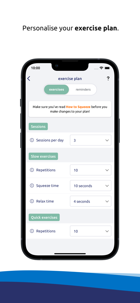 Squeezy Men - Squeezy Men Mobile App-Oberfläche mit Optionen zur Personalisierung von Beckenbodenübungsplänen, einschließlich Wiederholungen und Pressdauer