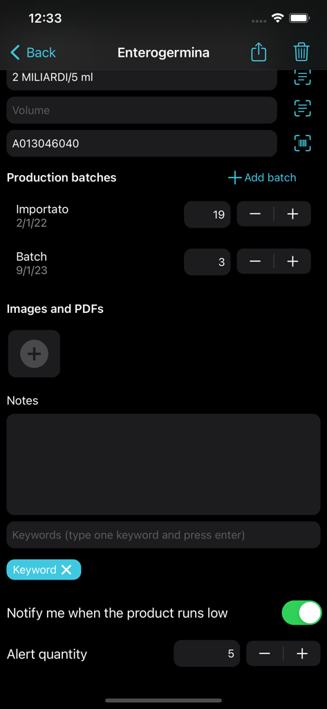 Drug Inventory - Detailansicht von Medikamentenchargen und Einstellungen für Lagerwarnungen im Medikamentenbestand-App.