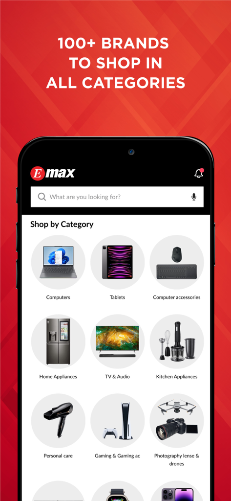 Emax electronics shopping app screen showing a variety of product categories including computers, appliances, and gaming gear.