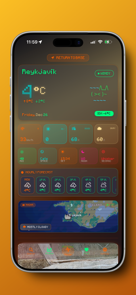 A futuristic weather app dashboard with a retro pixel art design featuring a neon radar map and weather stats for Reykjavik.