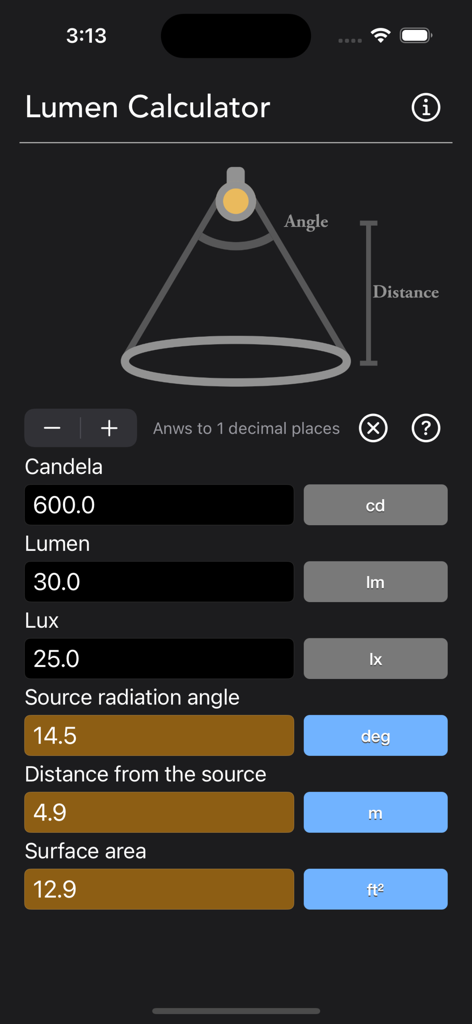 Lumen Calculator - Lumen Calculator-Oberfläche, die Messungen für Candela, Lumen und Lux anzeigt