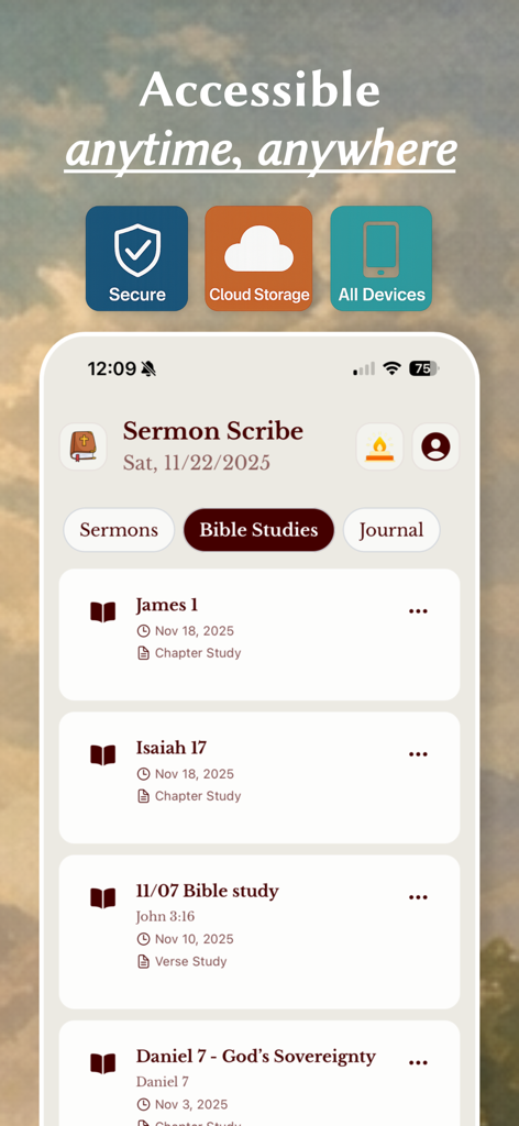 Sermon Scribe: Christian Notes - Sermon Scribe app interface showing a list of Bible studies with cloud storage and security features.