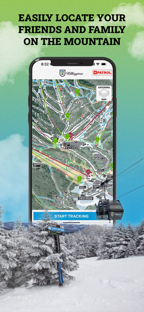 Killington Resort - A mobile phone displaying the Killington Resort app with a real-time mountain map for tracking friends and family