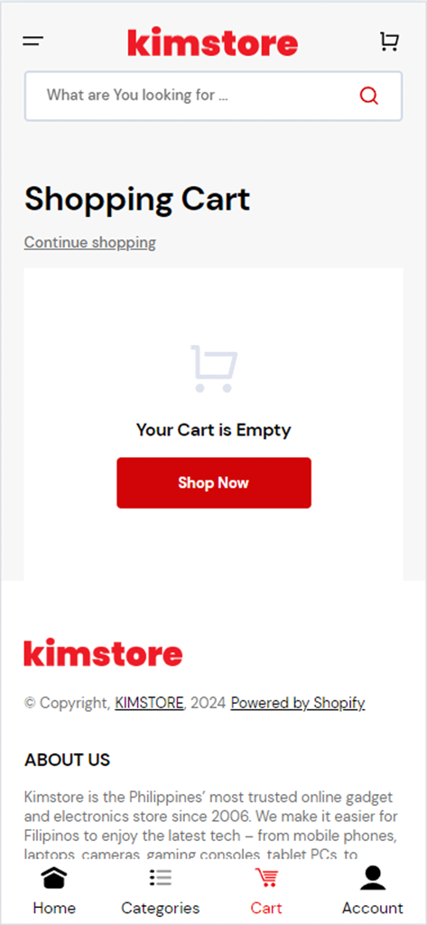 KimStore - Leerer Warenkorb-Bildschirm in der KimStore Mobile App