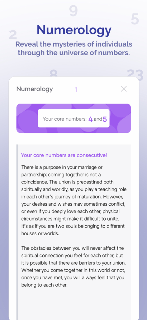 Ms Astro - Astrology - Ms Astroアプリの数秘術画面に、コアナンバー4と5が表示され、詳細な人間関係と精神的な解釈が示されている。