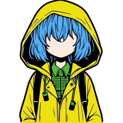 little anime girl in a raincoat her hair is covering her eyes she has a lighter