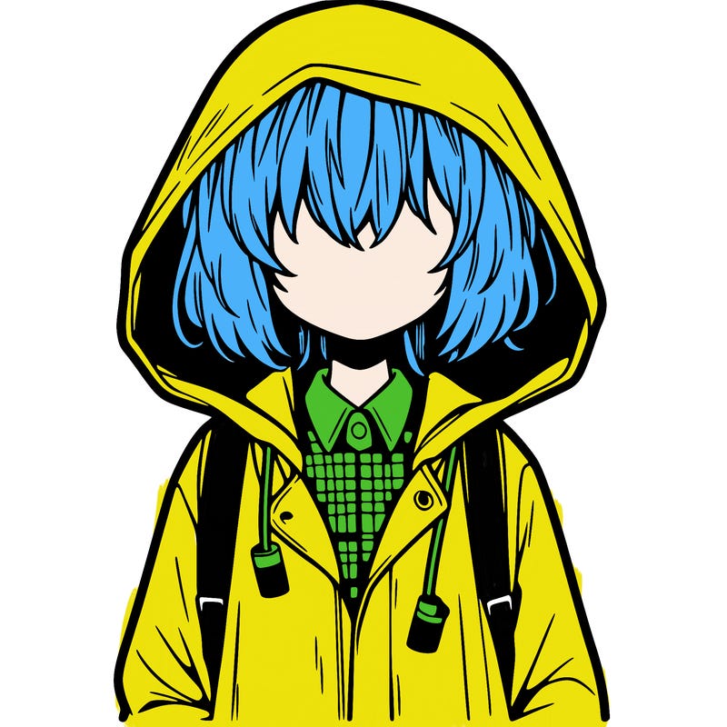 little anime girl in a raincoat her hair is covering her eyes she has a lighter