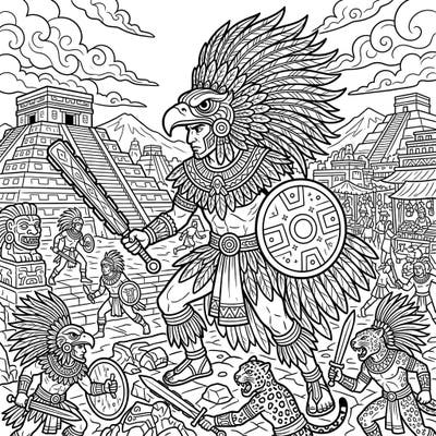 Step back in time to the heart of ancient Mesoamerica with this intricate coloring page featuring a powerful Aztec Eagle Warrior. This full-scene landscape invites you to bring an epic battle and a bustling historical world to life with your favorite colors.