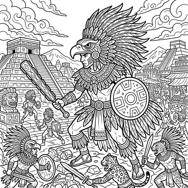 Step back in time to the heart of ancient Mesoamerica with this intricate coloring page featuring a powerful Aztec Eagle Warrior. This full-scene landscape invites you to bring an epic battle and a bustling historical world to life with your favorite colors.