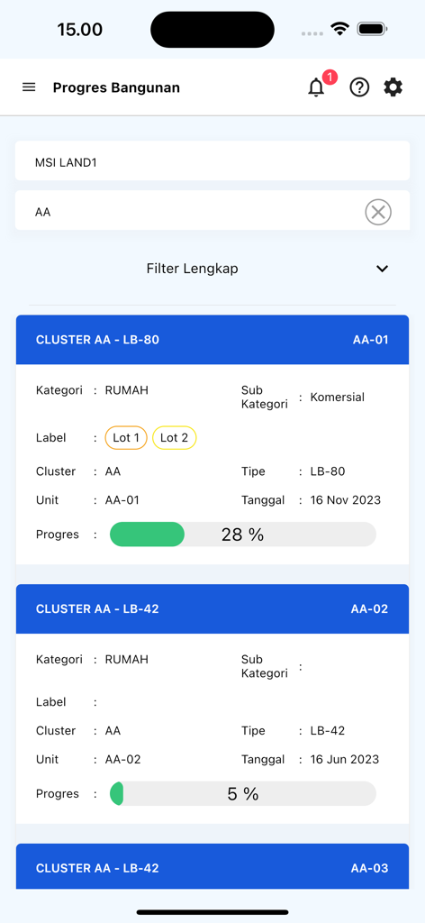 Porta Pro - Painel do aplicativo móvel Porta Pro exibindo o progresso da construção do edifício e porcentagens