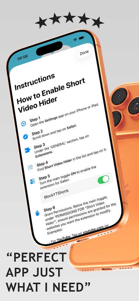 Step-by-step instructions for enabling the Short Video Hider Safari extension on an iPhone